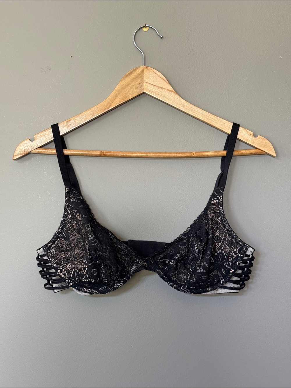 Victoria's Secret Black Lace Underwire Bra with Strappy Side Panels